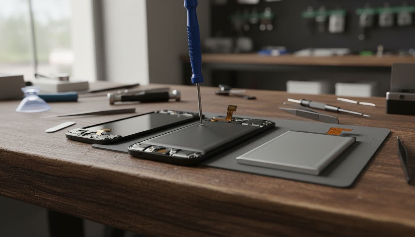 A close-up of a Google Pixel smartphone on a workshop bench with its back cover removed, exposing the battery, surrounded by tools like a screwdriver and a replacement battery in a well-lit repair shop.