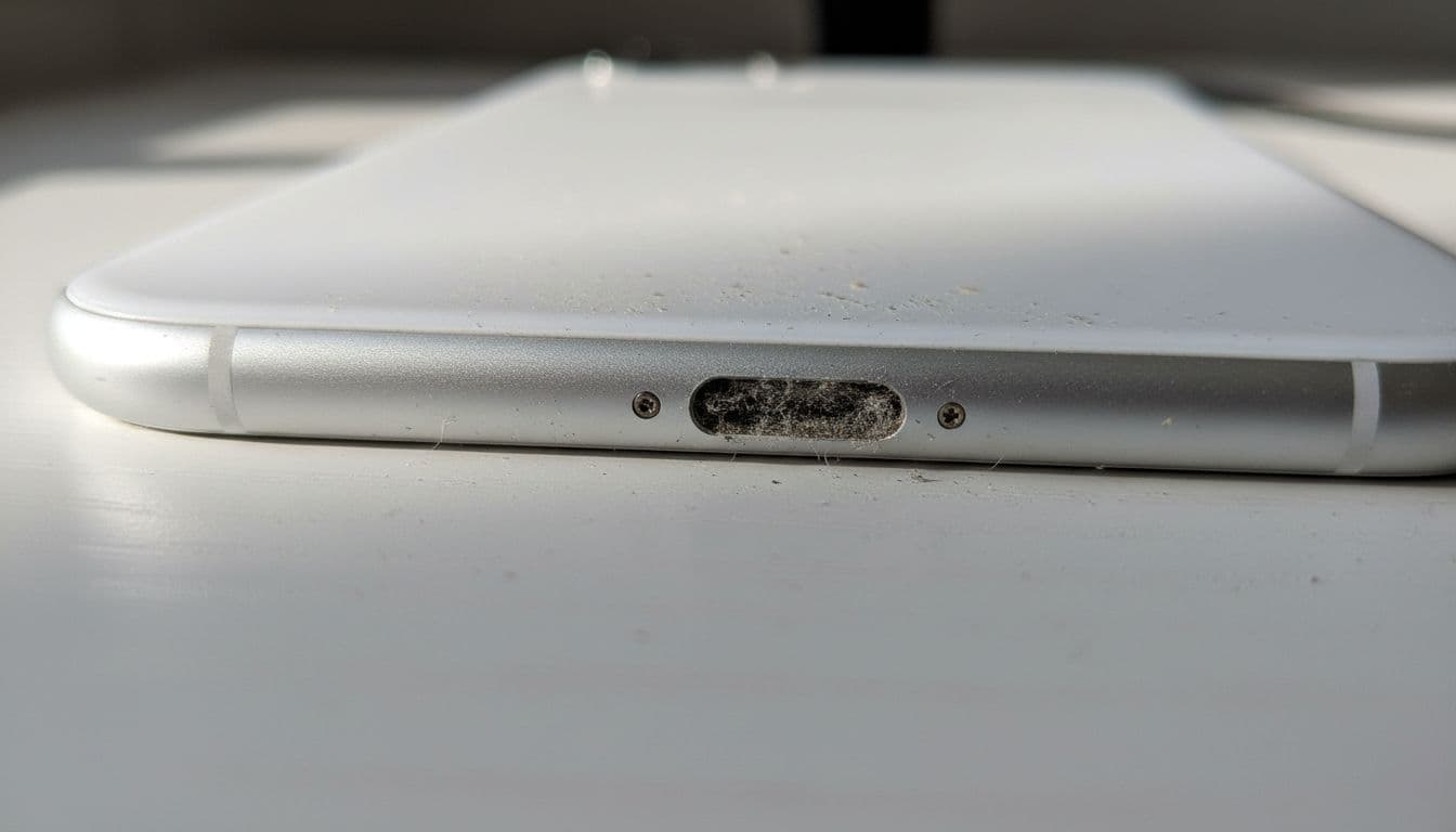 Close-up of a dirty iPhone USB-C charging port filled with lint and dust on a white workbench surface, sharp focus on the port debris causing slow charging.
