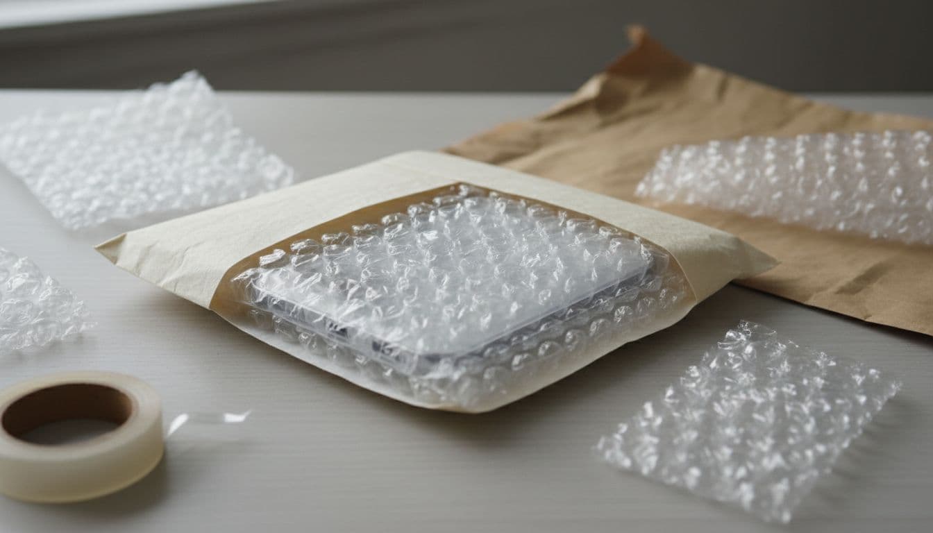 Samsung Galaxy phone carefully wrapped in anti-static bag and bubble wrap inside a sturdy padded envelope, placed on a plain table with packing materials around, in realistic product photography style with soft natural lighting.