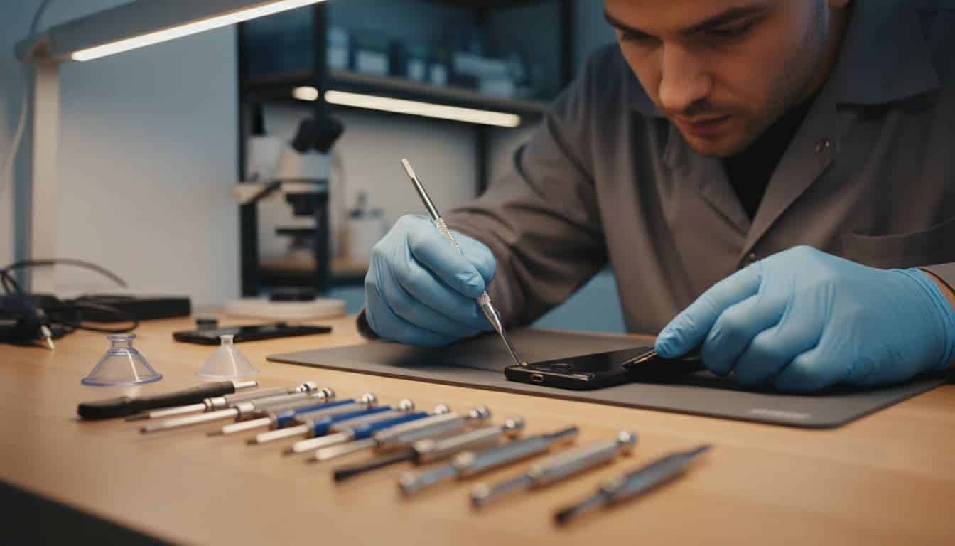Repair technician opens side of Samsung Galaxy phone with precision tools on organized workbench in modern workshop.