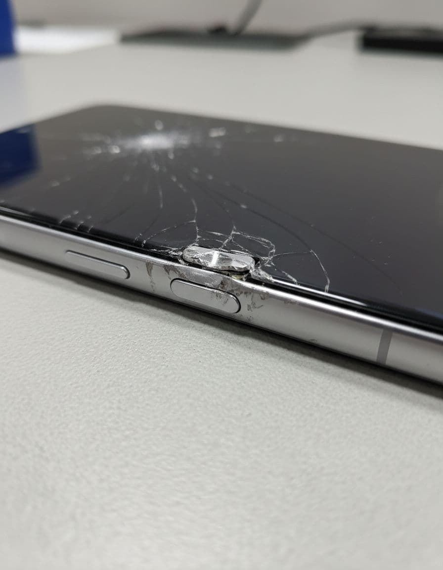 Close-up side view shows dented and scratched power button on Samsung Galaxy S23 metal frame.