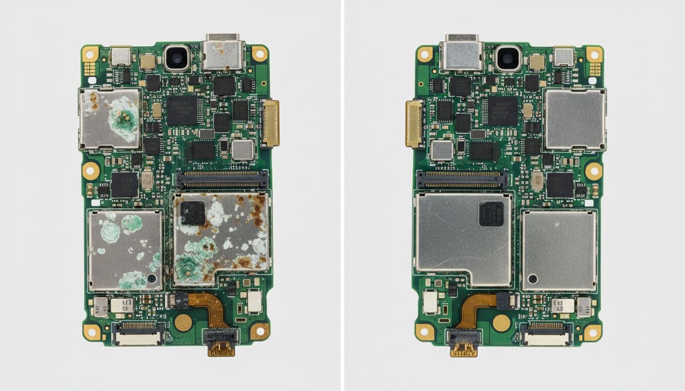 Split image: left corroded water-damaged Samsung phone board, right cleaned pristine repaired board.