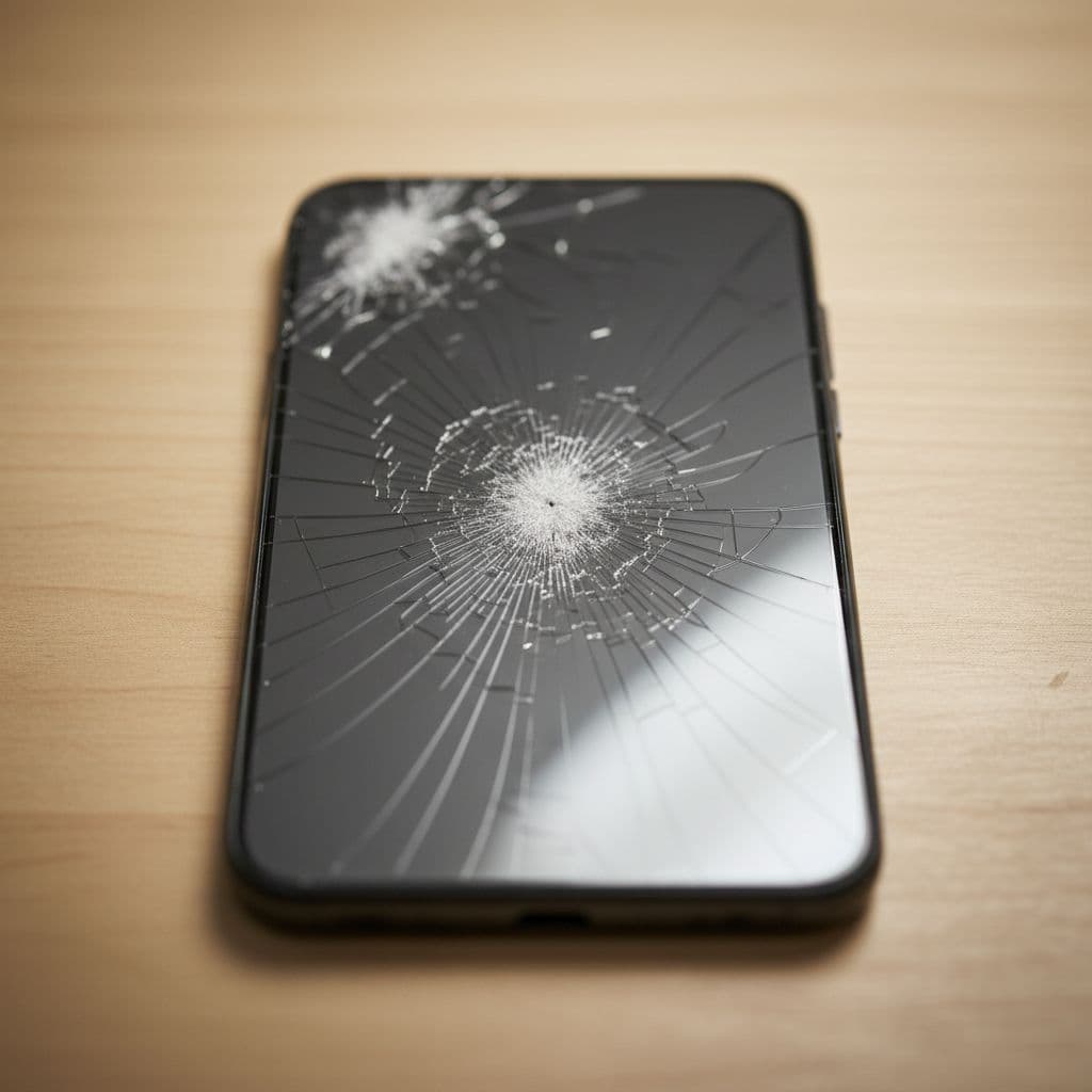 A close-up view of a cracked glass smartphone back resting on a clean wooden workshop workbench.