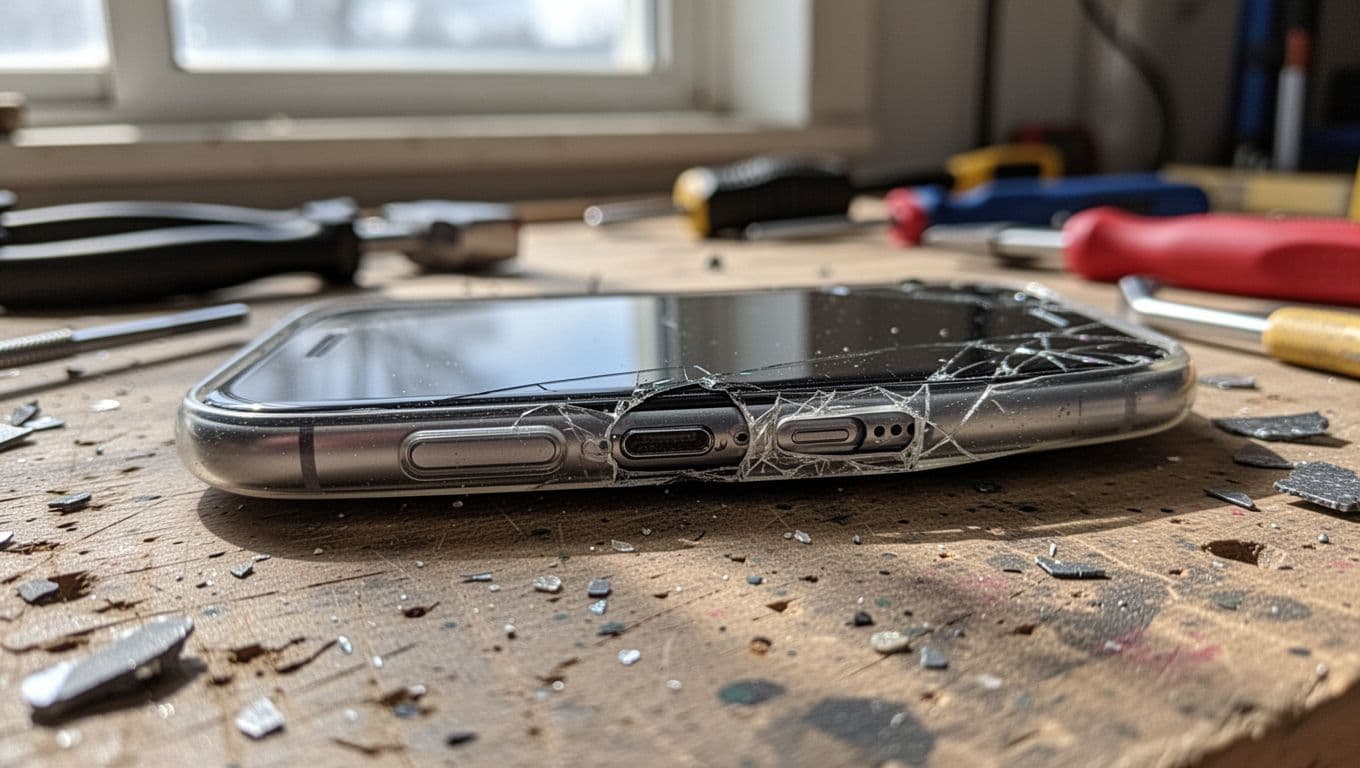 Close-up side view of Samsung Galaxy phone with cracked volume buttons and housing on workshop bench with tools.