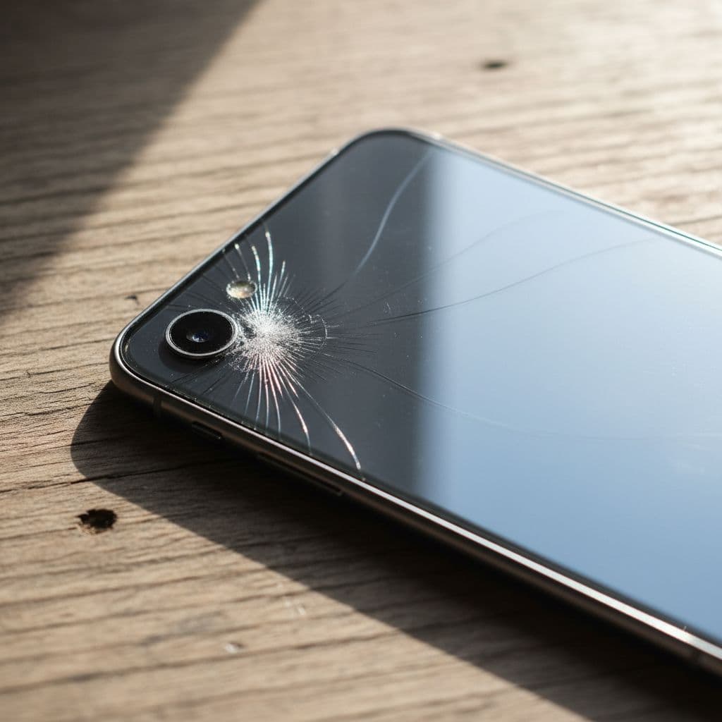 A close-up view of a sleek mobile device resting on a textured wooden table. Fine spiderweb fractures crisscross the circular camera lens glass, indicating significant physical impact damage to the phone.