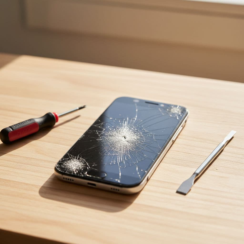 A cracked smartphone lies on a wooden workbench surrounded by precision repair tools.