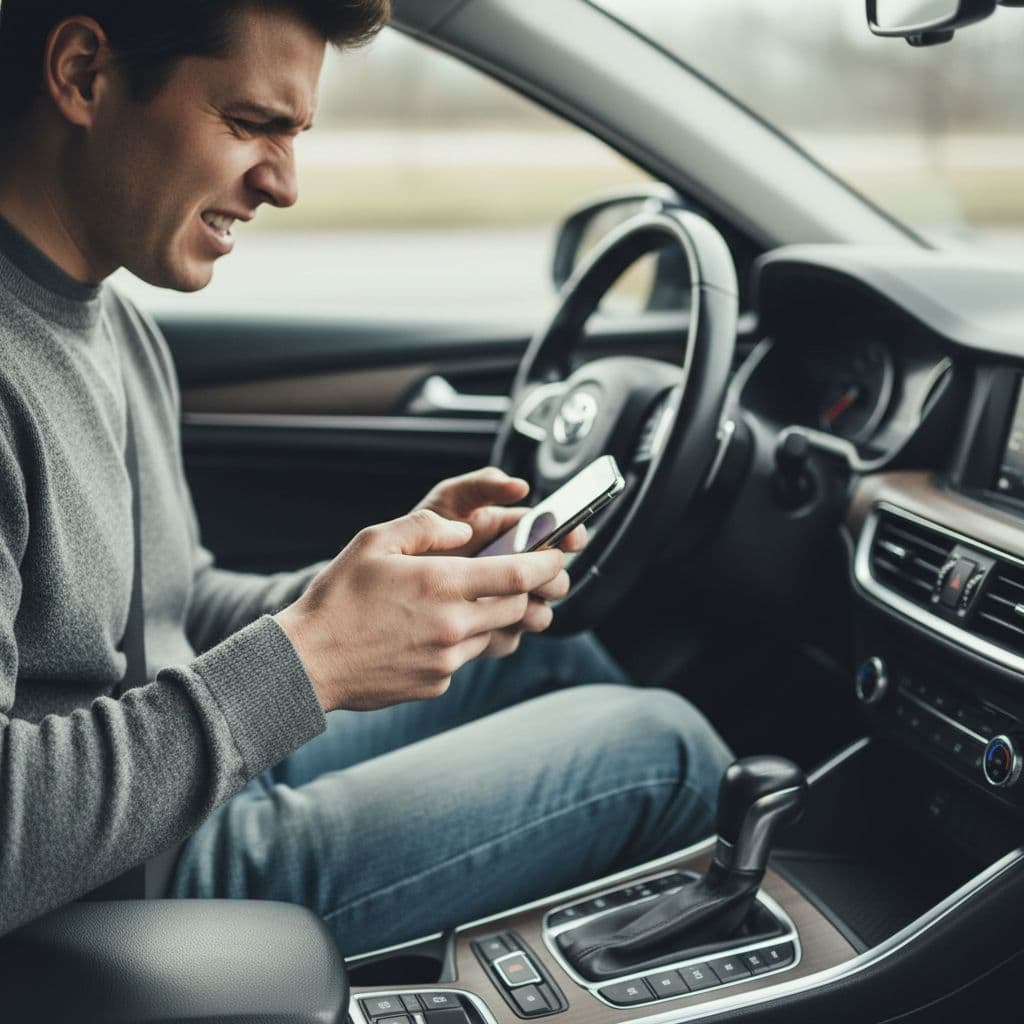 A person sits in the driver seat holding a smartphone with a tense expression. The car interior is softly blurred while natural light highlights their furrowed brow and focused posture.