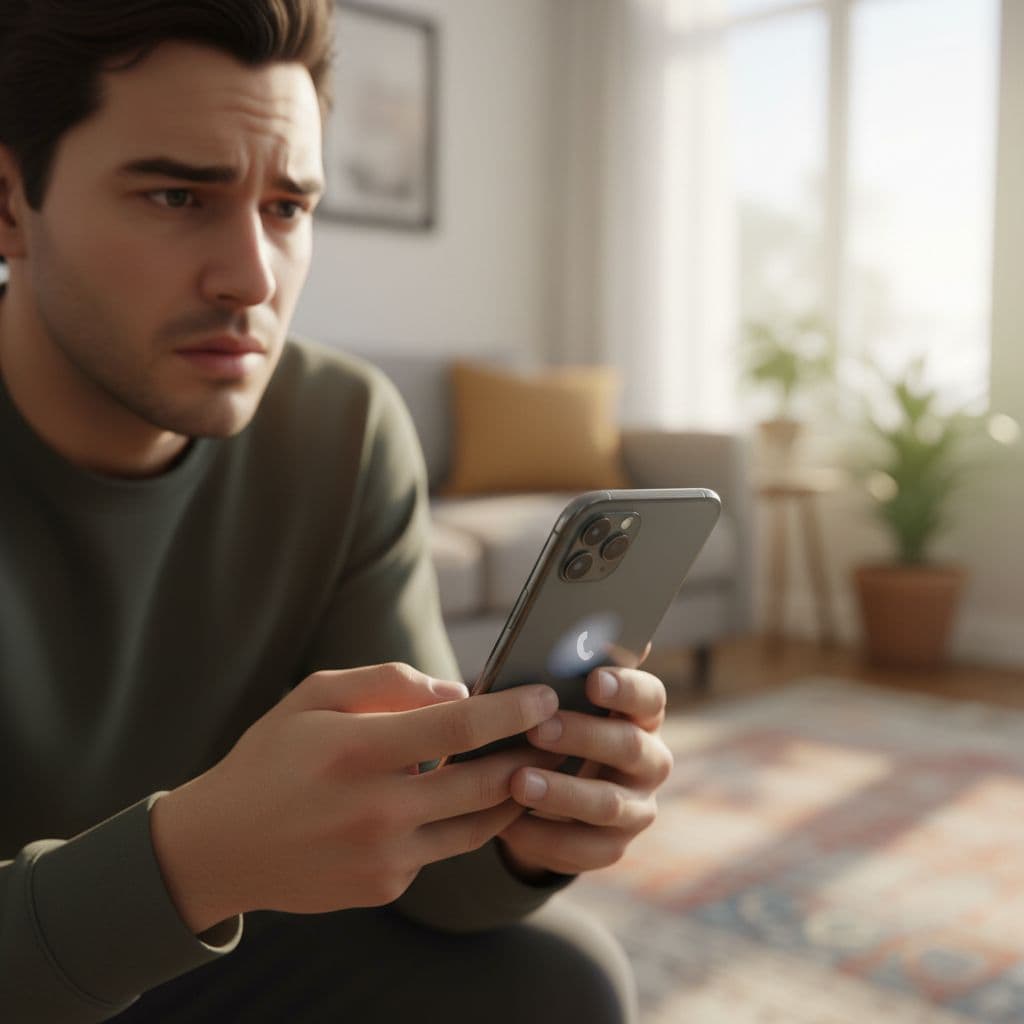 Frustrated person in living room holds iPhone in two hands, staring at blurred screen with greyed-out speaker icon.