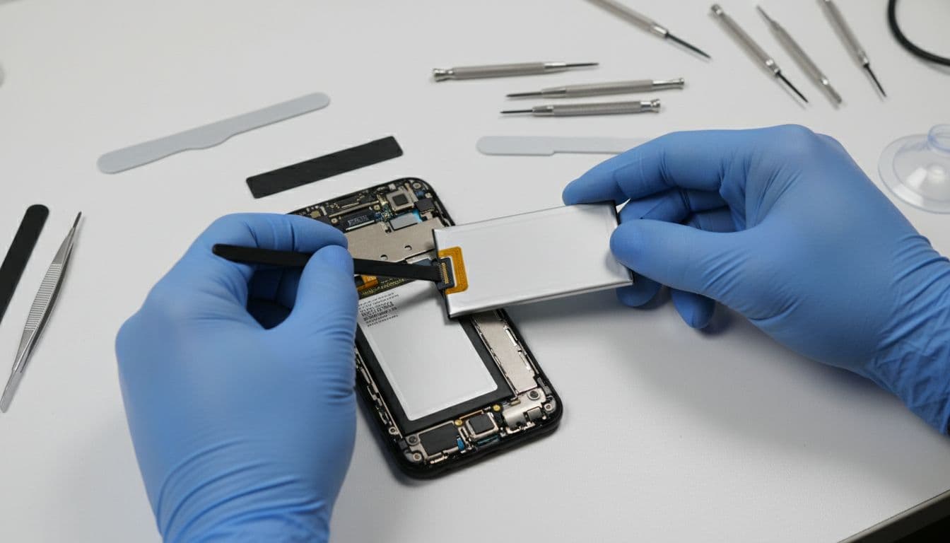 Gloved hands replace battery in disassembled Google Pixel smartphone on workshop bench with tools.