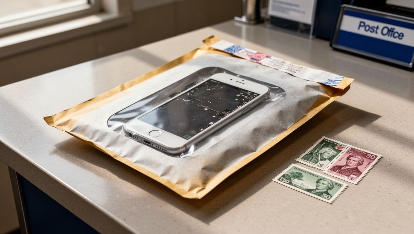 Secure padded envelope with Google Pixel phone visible through semi-transparent window on post office counter with Royal Mail label and stamps nearby.