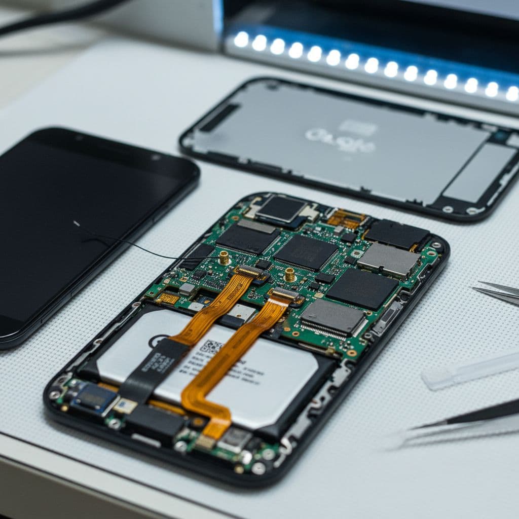 A close-up view of a disassembled smartphone showing the motherboard, ribbon cables, and antenna connectors.