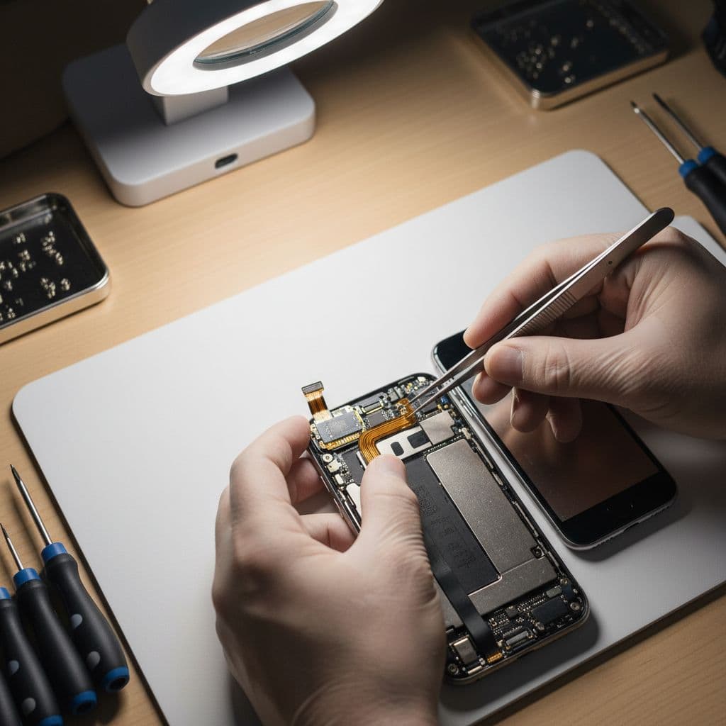 A technician uses precision tweezers to carefully adjust a delicate flex cable inside an opened iPhone. The clean workbench features specialized tools focused on the internal hardware near the earpiece.