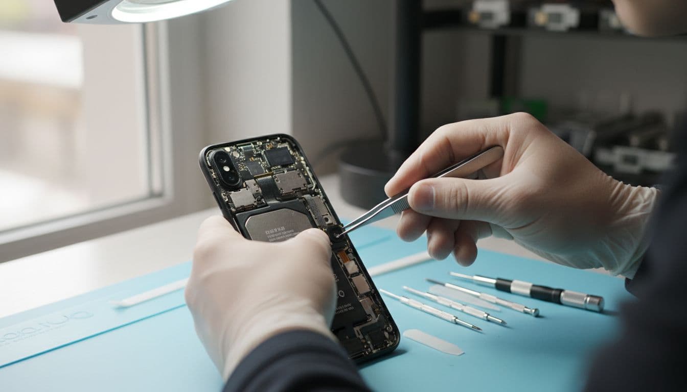 Close-up of hands replacing rear camera module on disassembled iPhone with tools on mat.