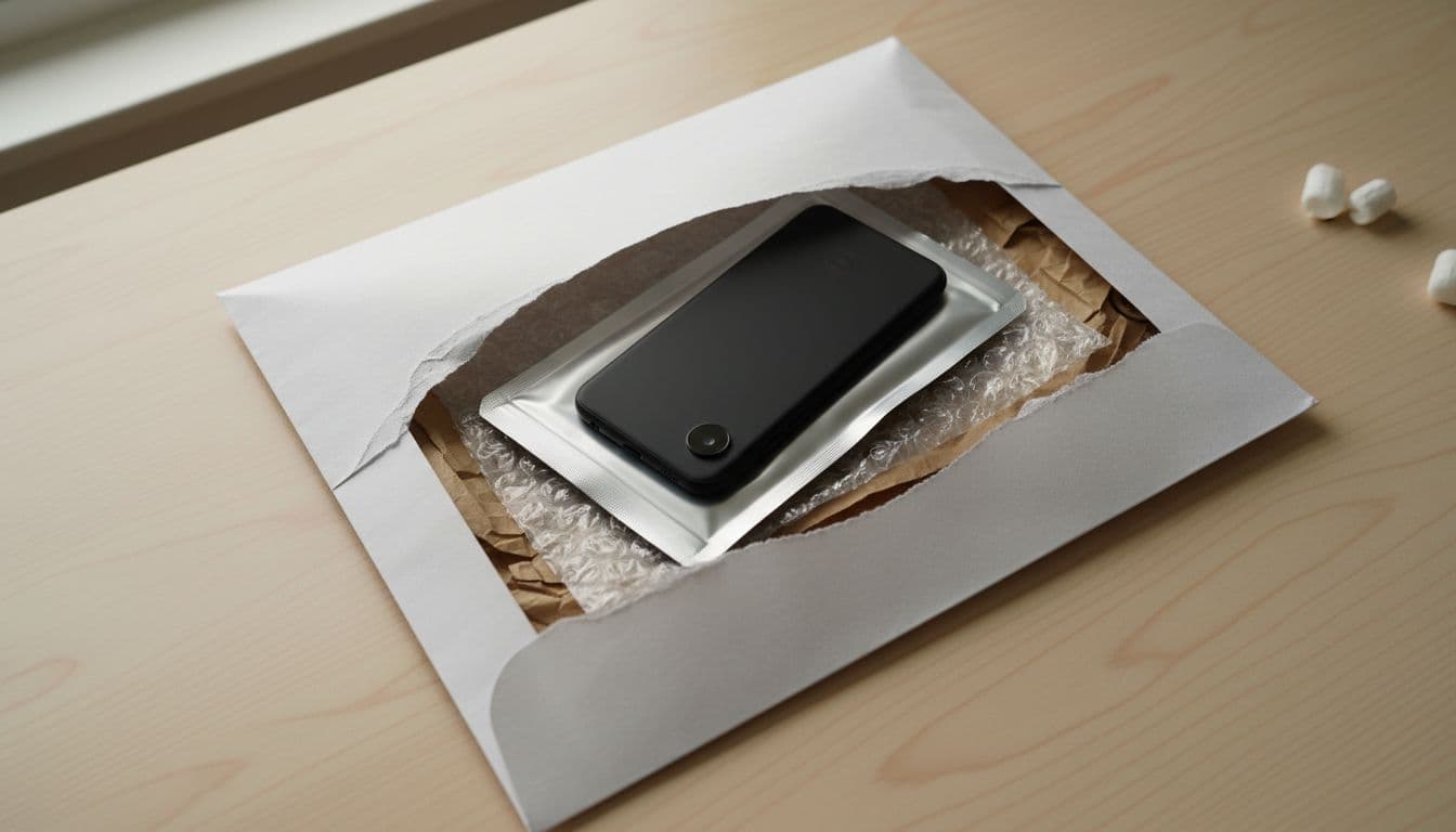 Open padded shipping envelope on desk reveals Google Pixel phone in anti-static bag with secure packaging.