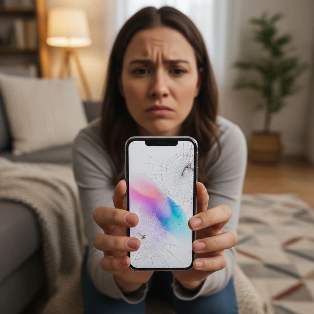 A concerned person holding a modern smartphone with a shattered display in a dimly lit living room.