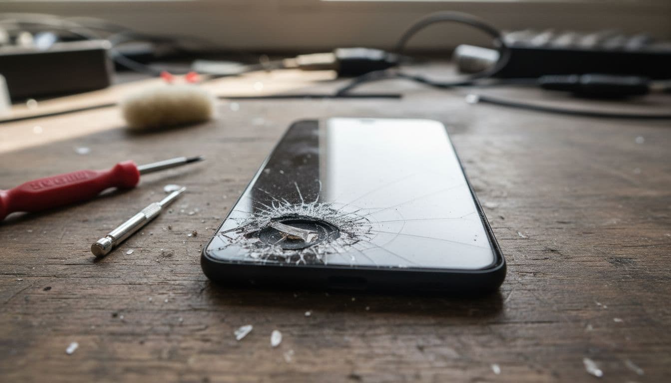 Close-up of dropped Google Pixel 8 on repair bench shows cracked bottom speaker grille with debris; screwdriver and brush nearby.