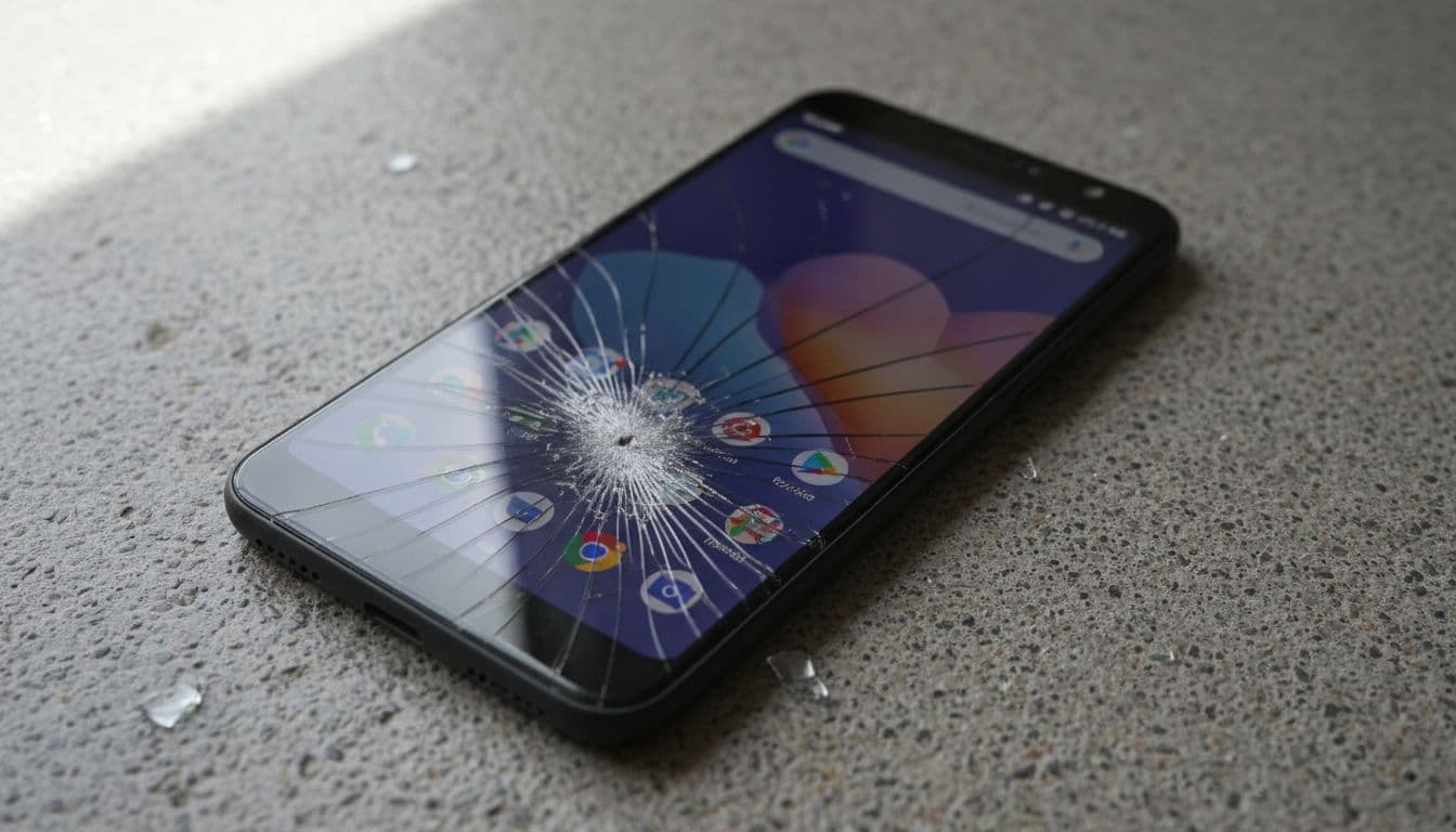 Google Pixel smartphone on concrete floor with cracked screen from impact, lit home screen visible at angle.