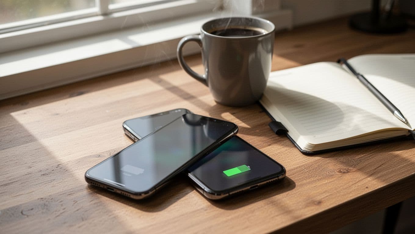 Google Pixel smartphone on wooden desk shows low battery warning on angled screen, coffee mug and notebook nearby.