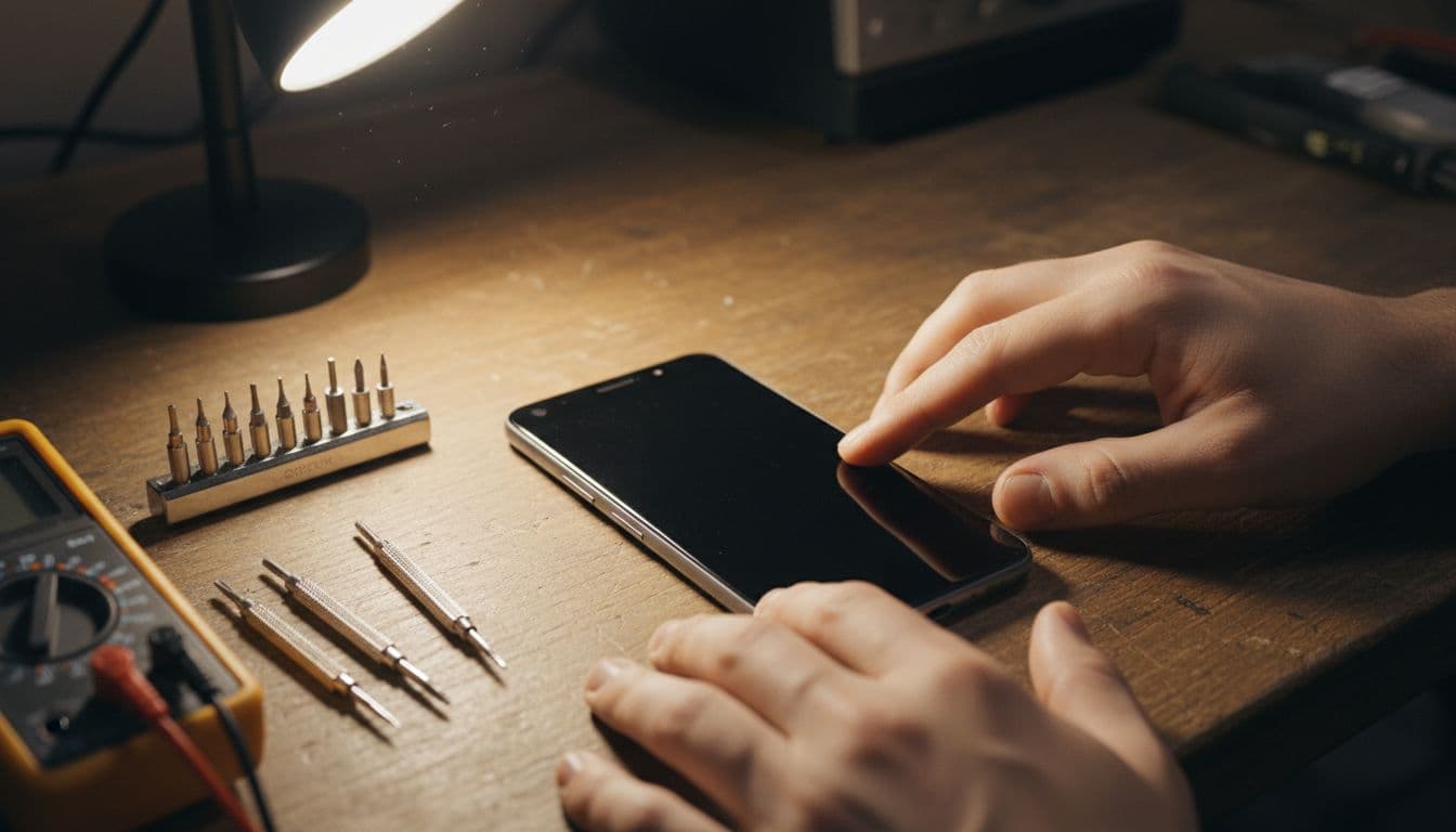 Hands gently press power button on black-screen Google Pixel phone next to screwdriver and multimeter on workshop bench.
