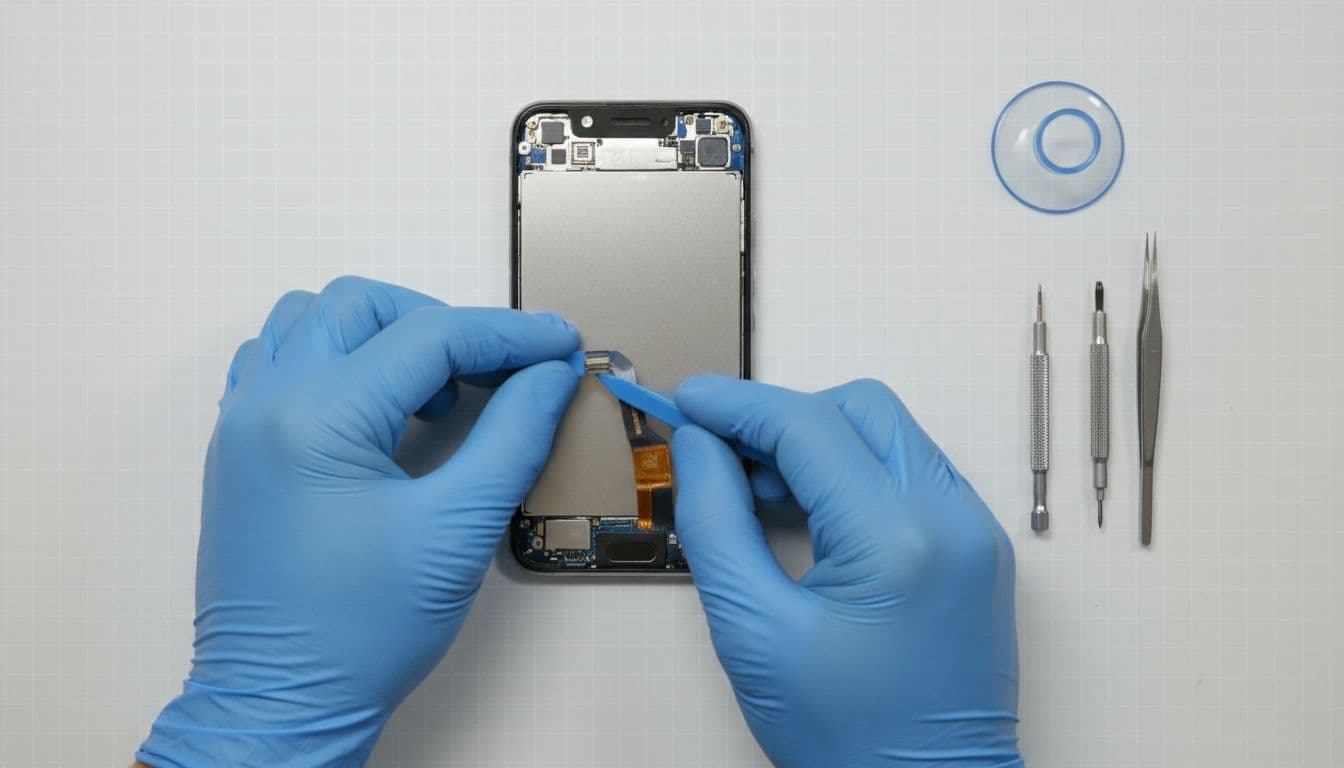 Gloved hands use spudger to lift display connector on Google Pixel phone, precision tools nearby on clean workshop bench.
