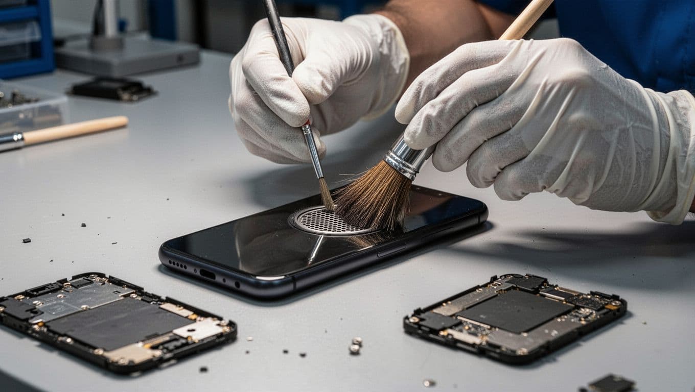 Gloved hands brush speaker grille of Google Pixel phone on workshop table with nearby parts.