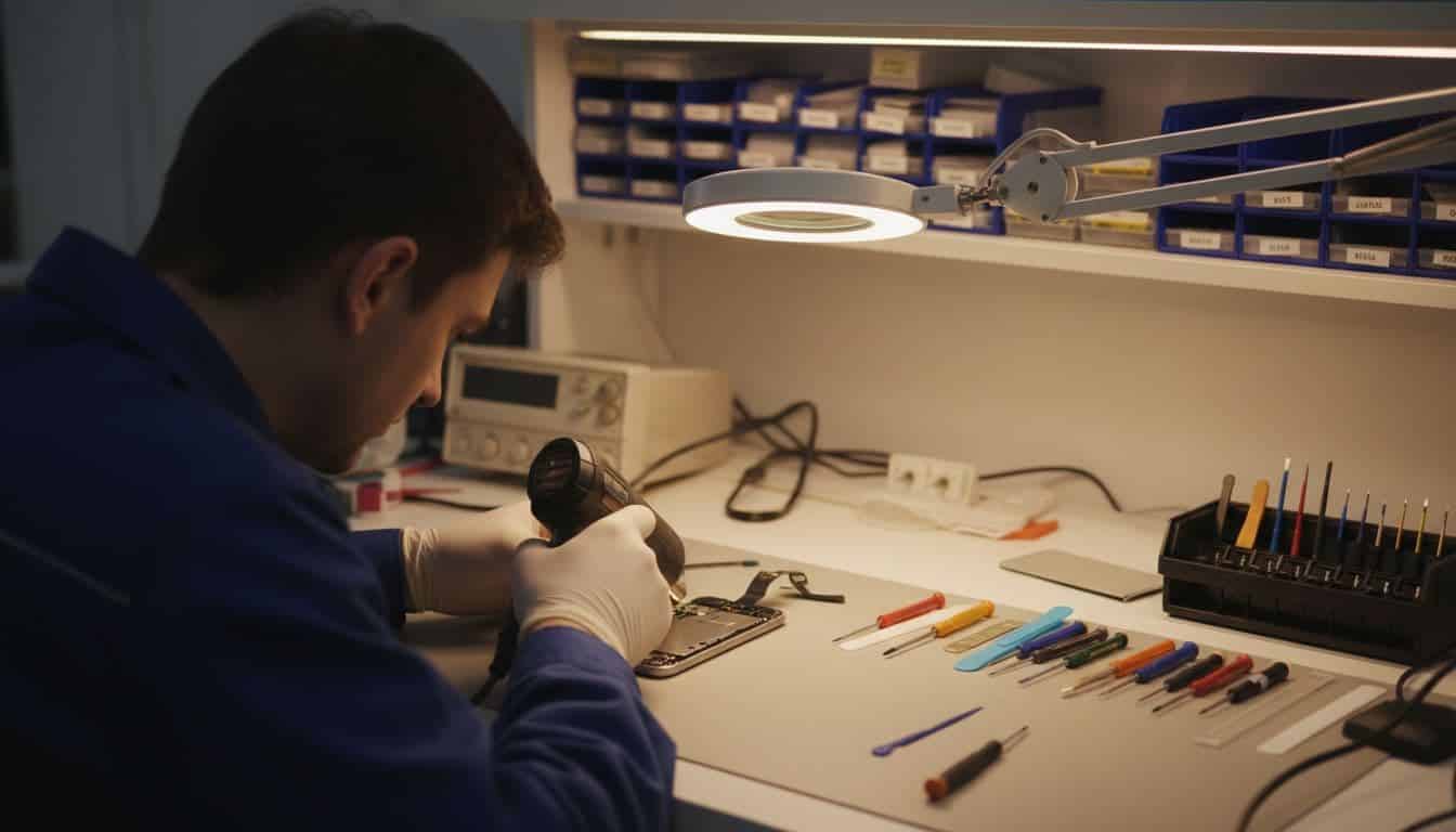 A skilled technician carefully disassembles a smartphone at a clean, well-equipped professional repair workstation.