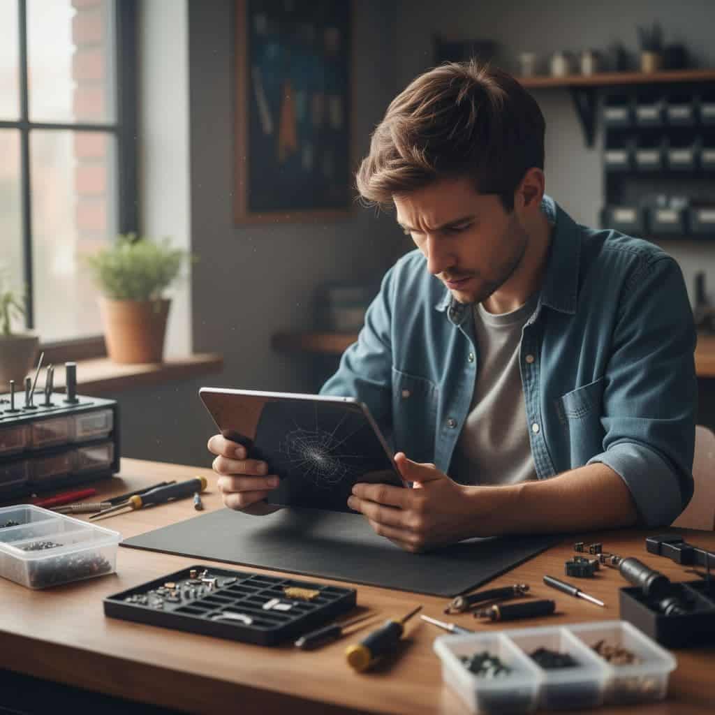 A technician sits at a workshop bench examining a tablet with a cracked, non-responsive screen.