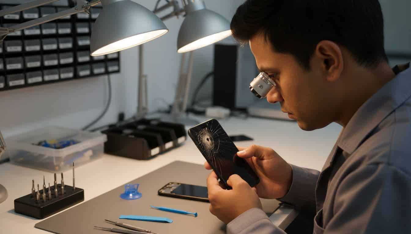 A technician wears precision gloves while carefully examining a shattered smartphone display at a bright, organized workbench. Various small metal screwdrivers and specialized calibration tools sit neatly arranged beside the damaged device.
