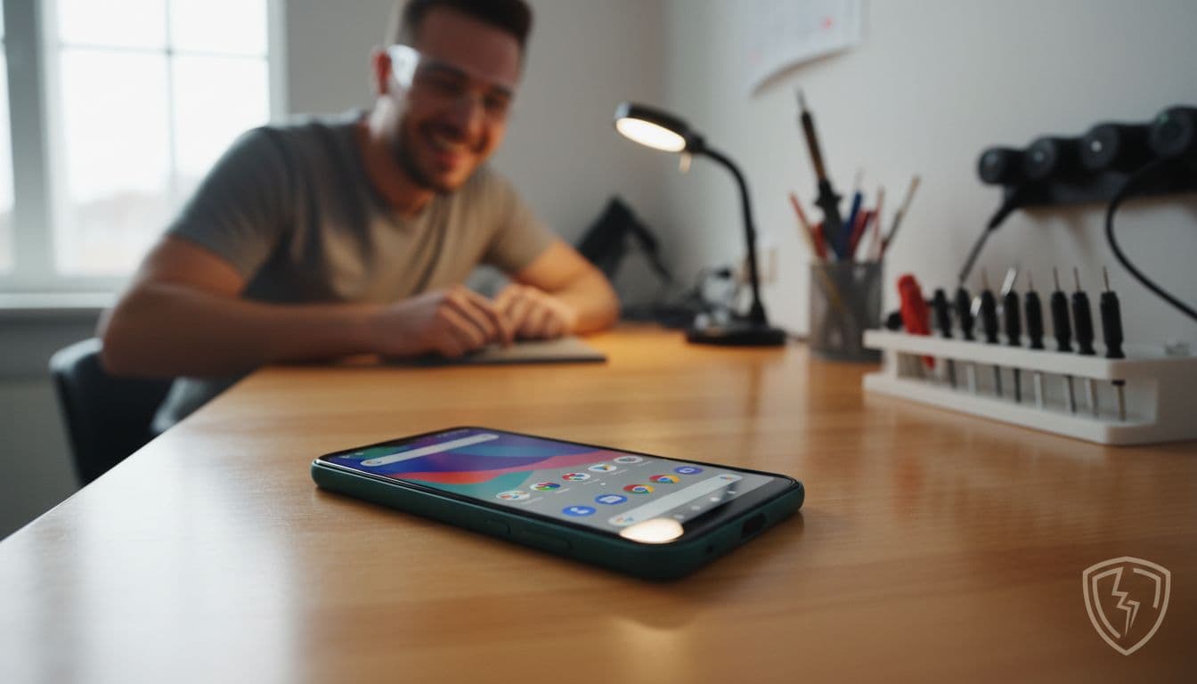 Repaired Google Pixel phone displays bright home screen on clean workshop bench with smiling technician in background.