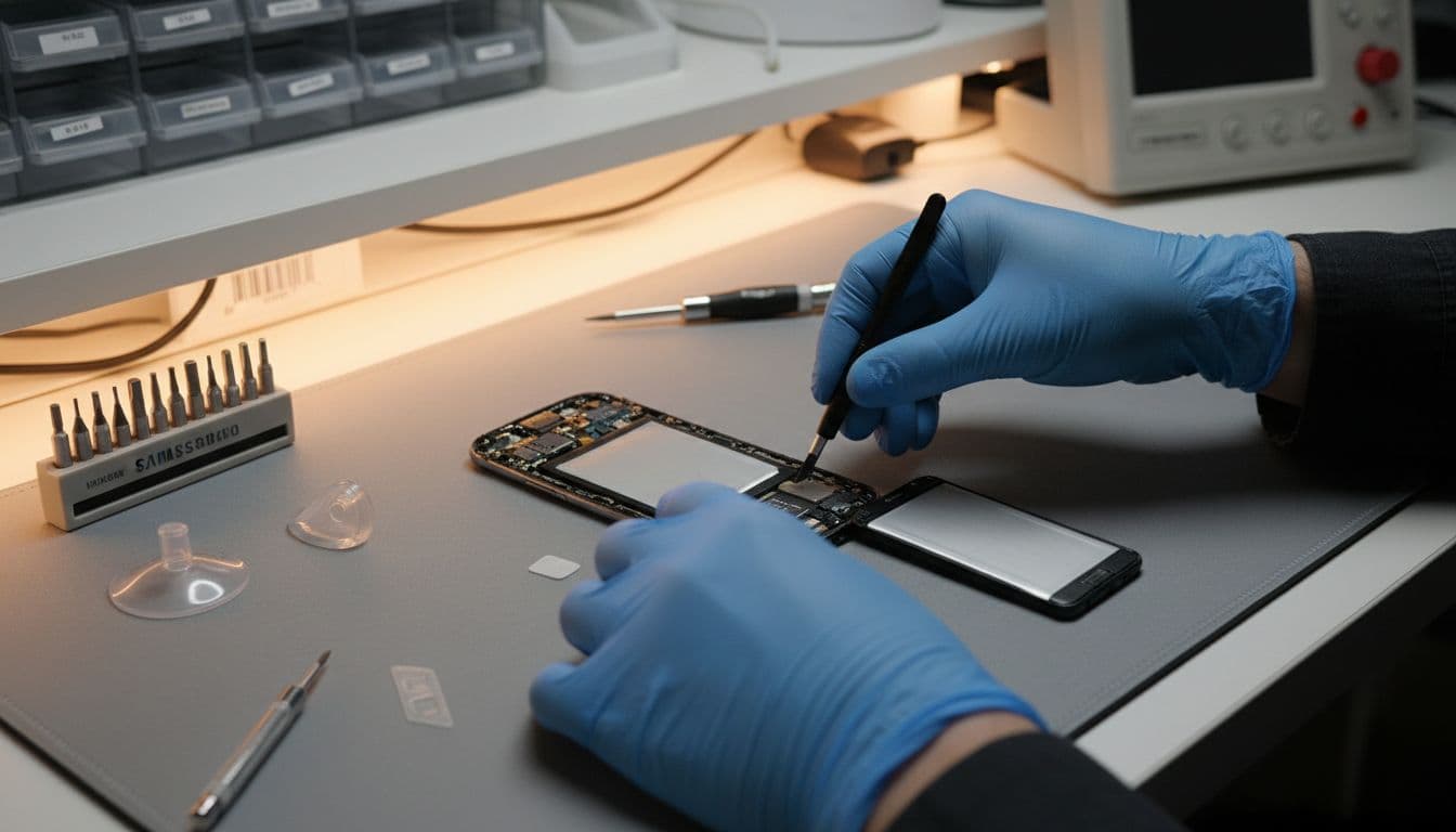Gloved hands replace battery in disassembled Samsung Galaxy on anti-static mat with screwdriver nearby.