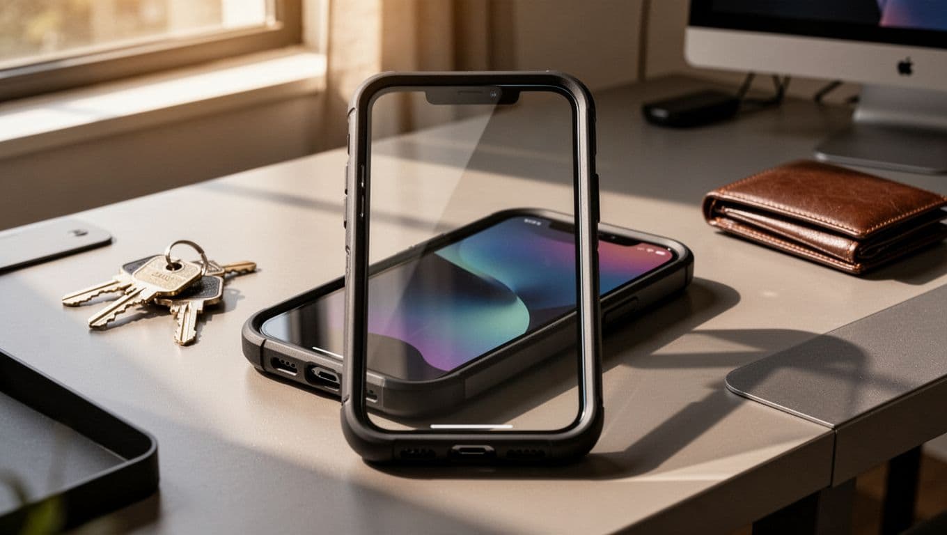 Samsung Galaxy phone with thick protective case and screen protector on desk next to keys and wallet.