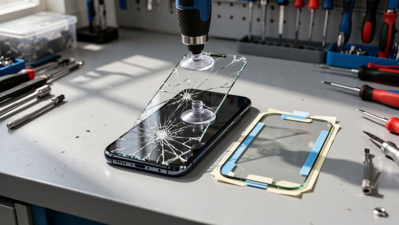 Samsung Galaxy S23 on repair bench with cracked back glass lifted by suction cup, new glass and adhesive nearby.