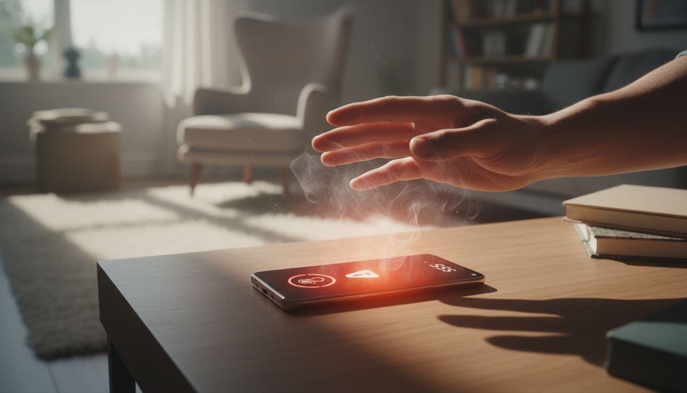Samsung Galaxy S26 overheats on living room desk, back panel glowing with heat haze, screen showing battery and temperature warnings, hand hovering nearby.