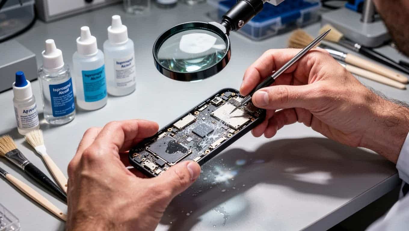 Hands dry and clean a disassembled Samsung phone motherboard under magnification on an organized bench with isopropyl alcohol and brushes.