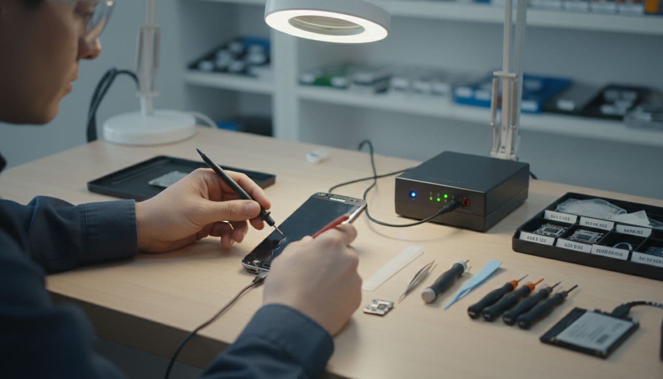 Technician at workbench tests Samsung phone with multimeter and diagnostic tools, screen off, spare parts nearby.