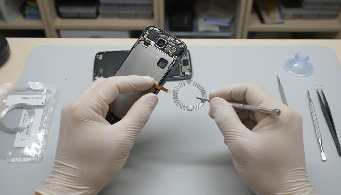 Two hands replace flexible flat cable on Samsung phone volume button, tools and new part visible in clean workshop.