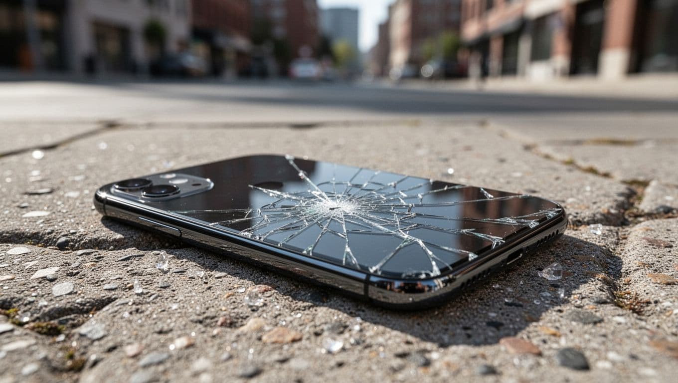Samsung Galaxy S24 with shattered back glass on concrete pavement, blurred urban background.