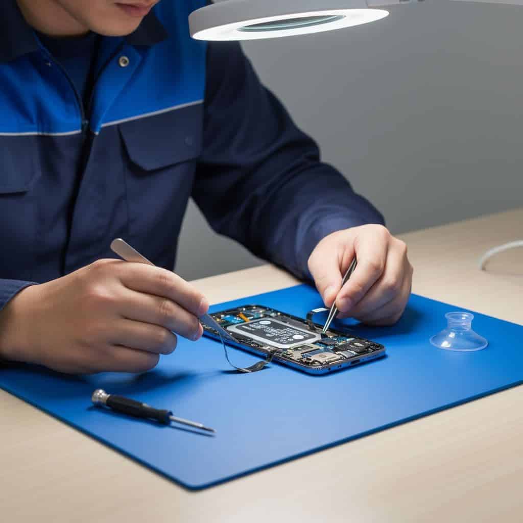 Technician at workbench repairs open Samsung smartphone with visible internals and nearby tools.