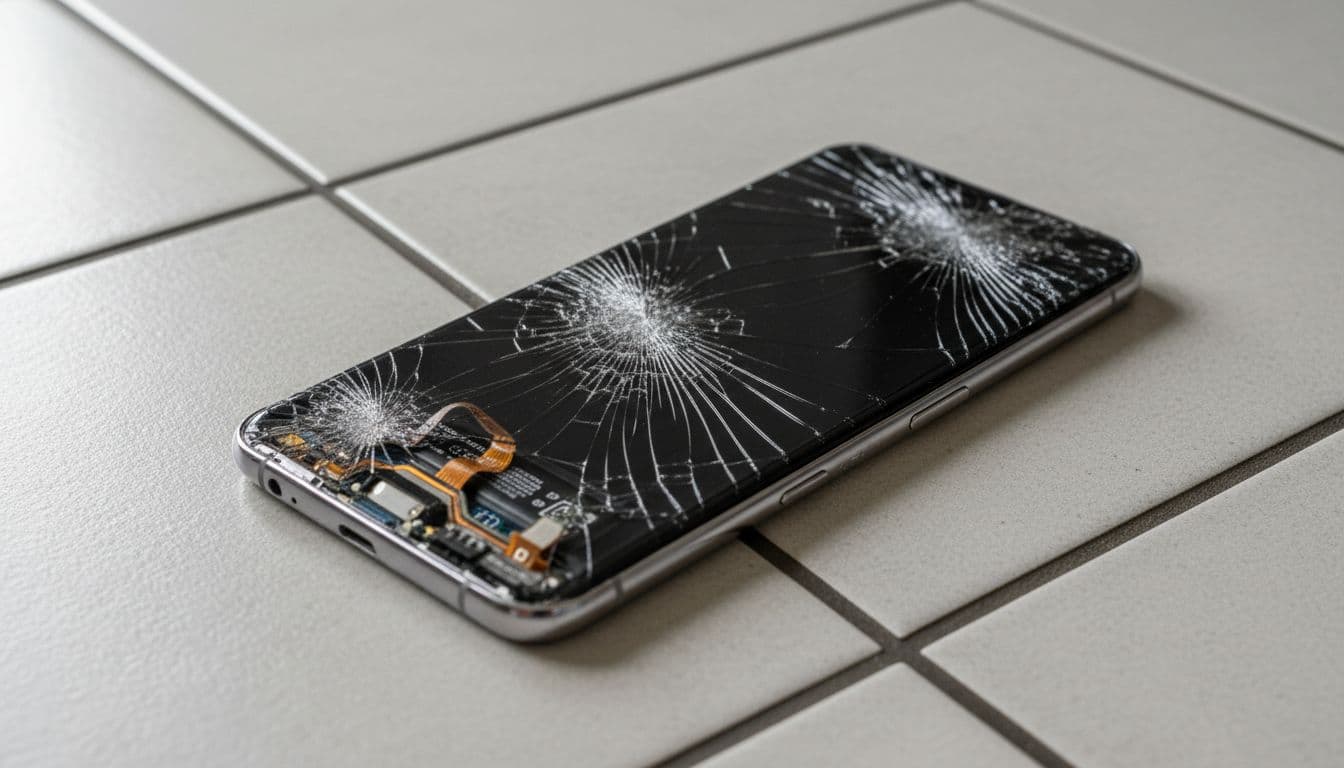 Samsung Galaxy smartphone on tiled kitchen floor with shattered black screen and bent frame.