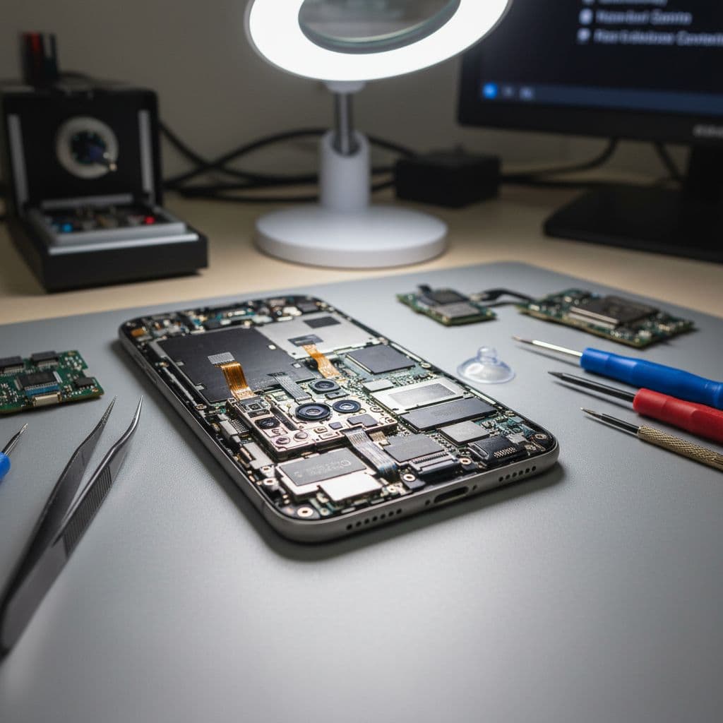 The intricate internal sensors and camera array of a smartphone are exposed on a professional repair bench.