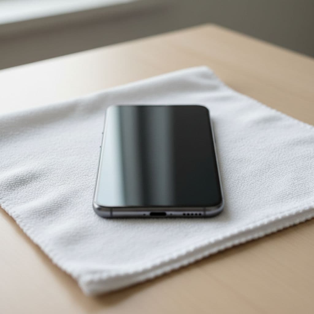 Close-up of sleek smartphone lying flat on white microfiber cloth in soft daylight.
