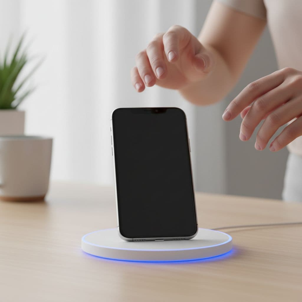 Close-up of modern smartphone on wireless charging pad with relaxed hands visible.