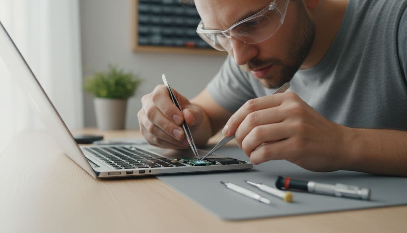 A technician uses a precision tool to examine a MacBook USB-C charging port on a clean workbench.