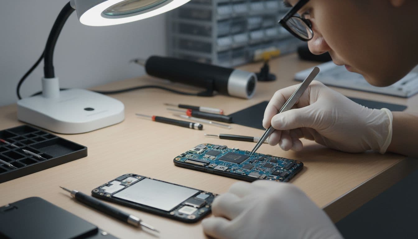 Repair technician examines disassembled mobile phone internals on workbench in clean workshop.