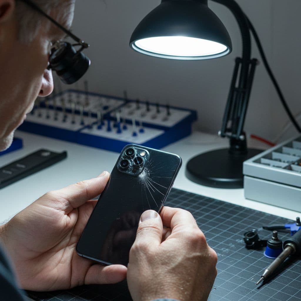 A technician holds a smartphone to carefully inspect the camera lens module in a bright workshop.