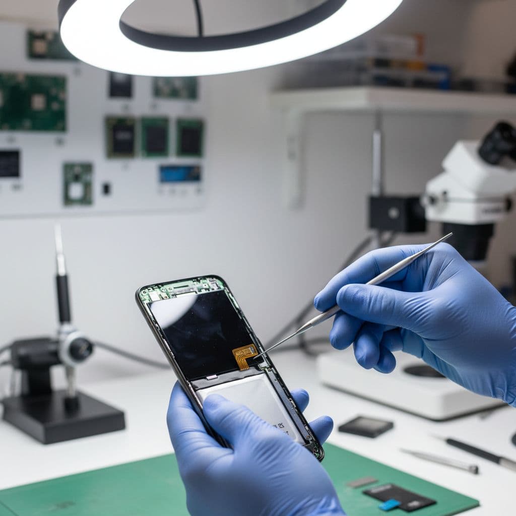 A technician uses a precision tool to repair an open Samsung smartphone inside a clean workshop.