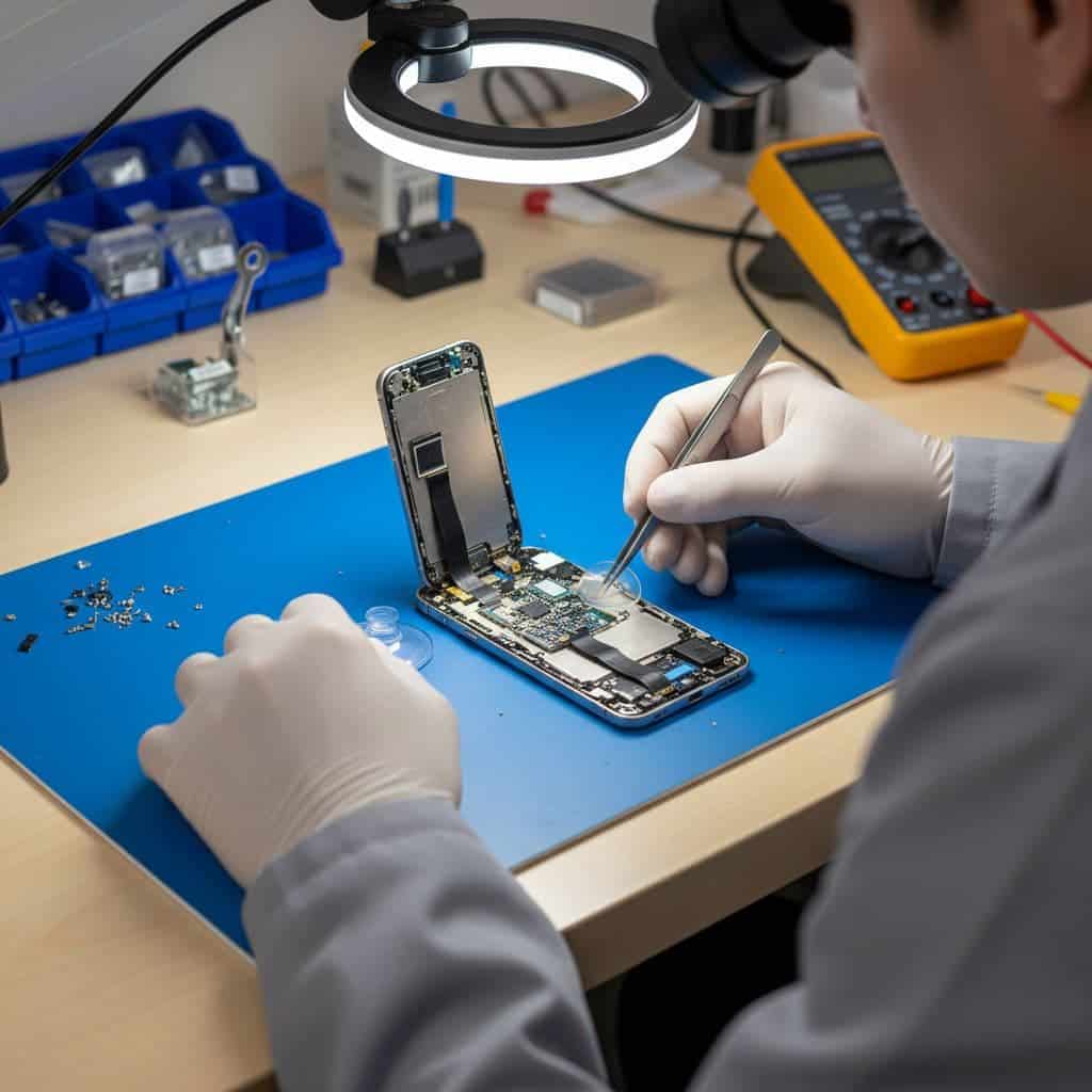 A technician works on an open iPhone revealing its internal electronic components on a clean workbench.