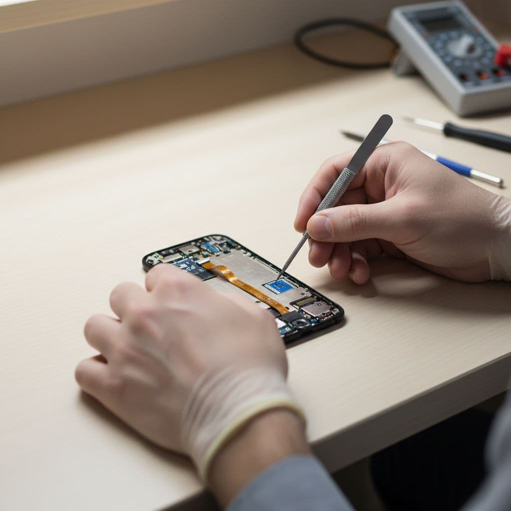 A technician uses precision tools to inspect the internal components of an open smartphone on a workbench.