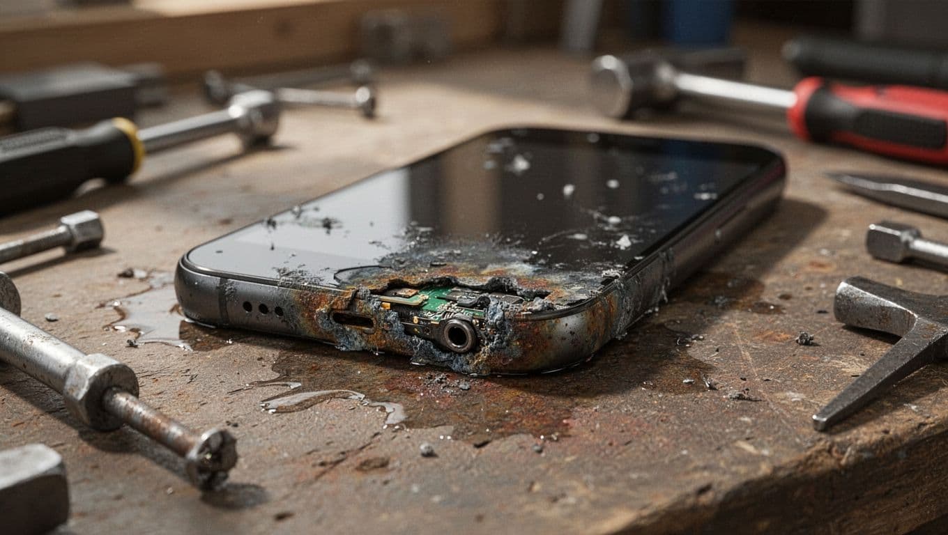 Close-up of water-damaged Samsung Galaxy phone with corroded charging port and exposed internals on workshop bench.