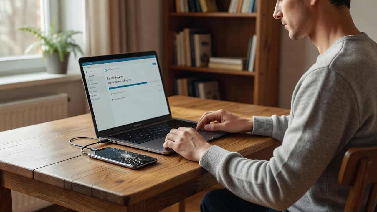 A person sits at a neat wooden desk at home, connecting a smartphone with a shattered display to their laptop using a USB cable for a secure data transfer.